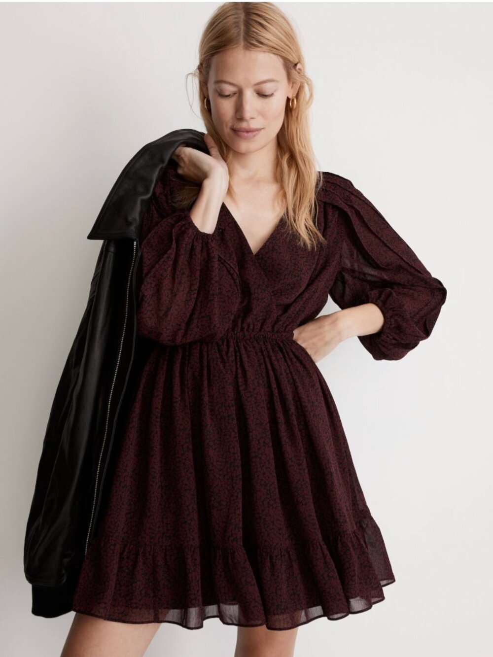 Madewell Georgette Mini Dress, Maroon w/Dark Floral Detail, Size M